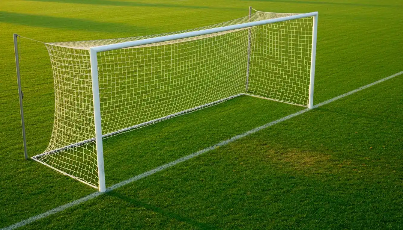 Fußball-Torpfosten und Netz aus nächster Nähe auf einem grünen Rasenplatz