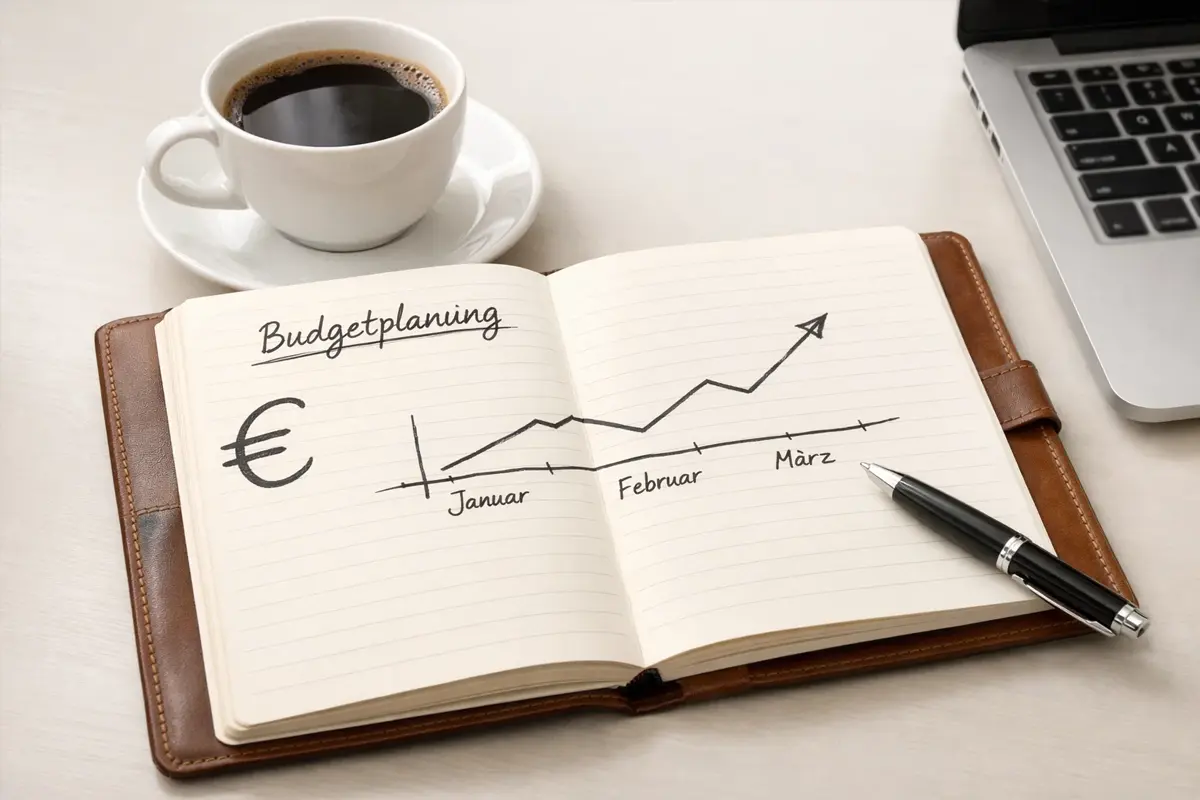 Notizbuch mit Wettbudget-Planung und Eurozeichen-Symbol
