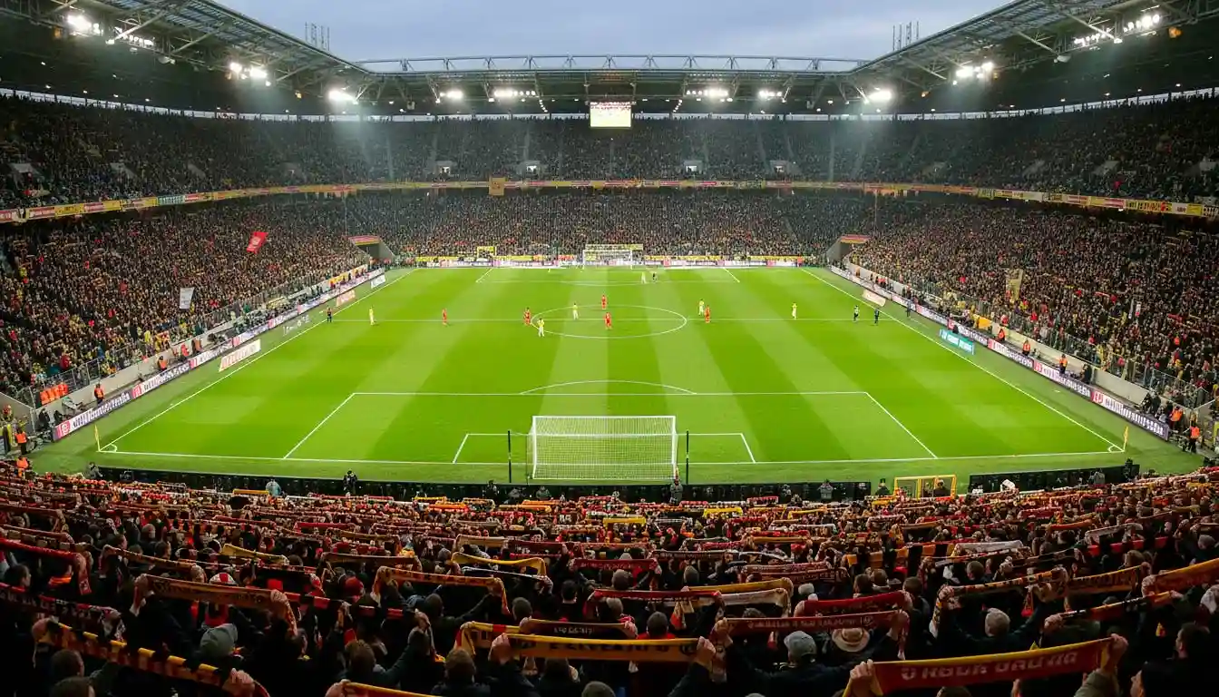 Volles Bundesliga-Stadion mit begeisterten Fans und grünem Rasen aus der Tribüne gesehen