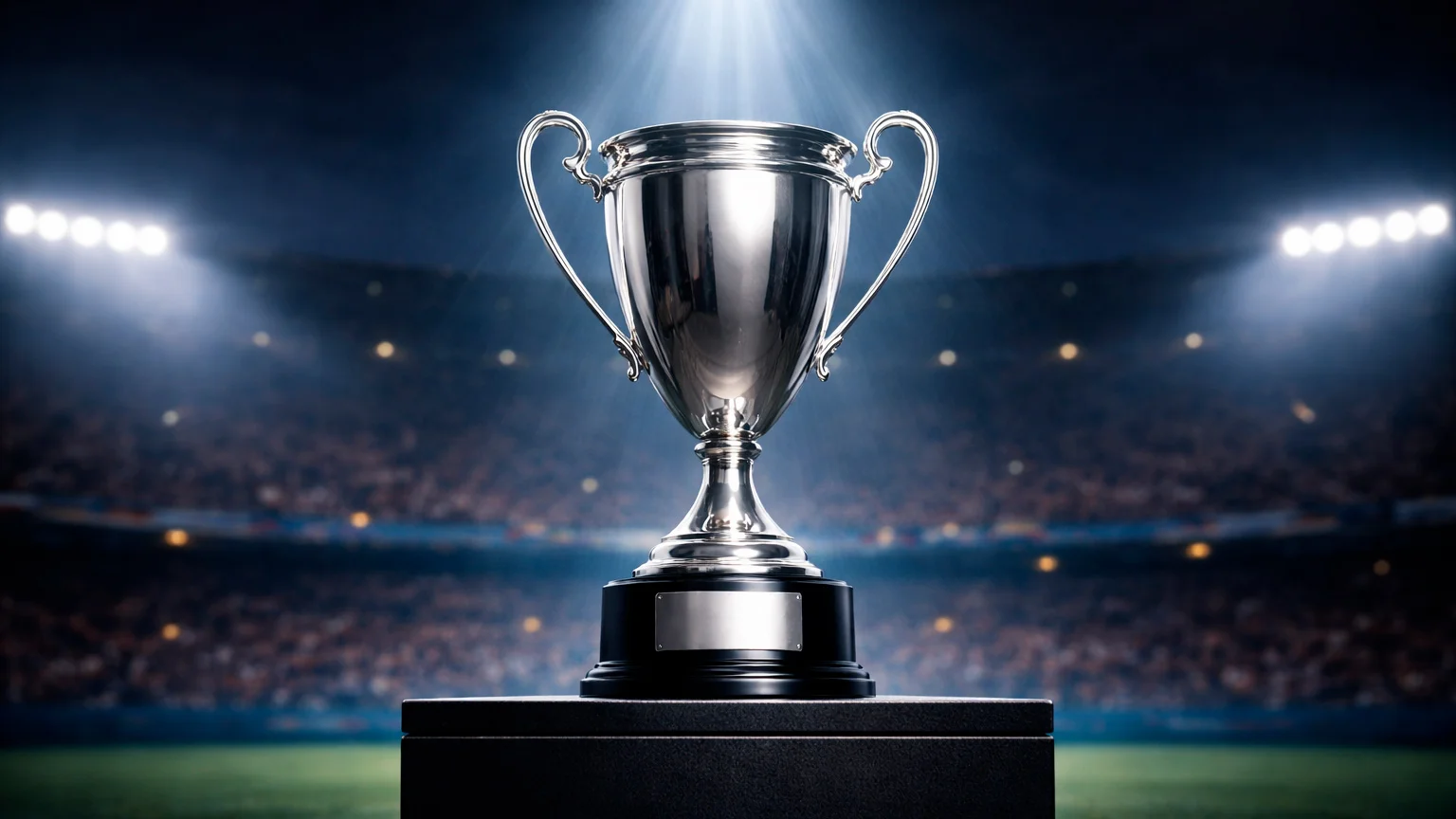 Großer Fußball-Pokal glänzt im Scheinwerferlicht auf einem Podest im Stadion