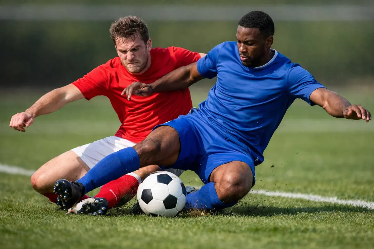 Fußballspieler im Zweikampf auf dem Rasen
