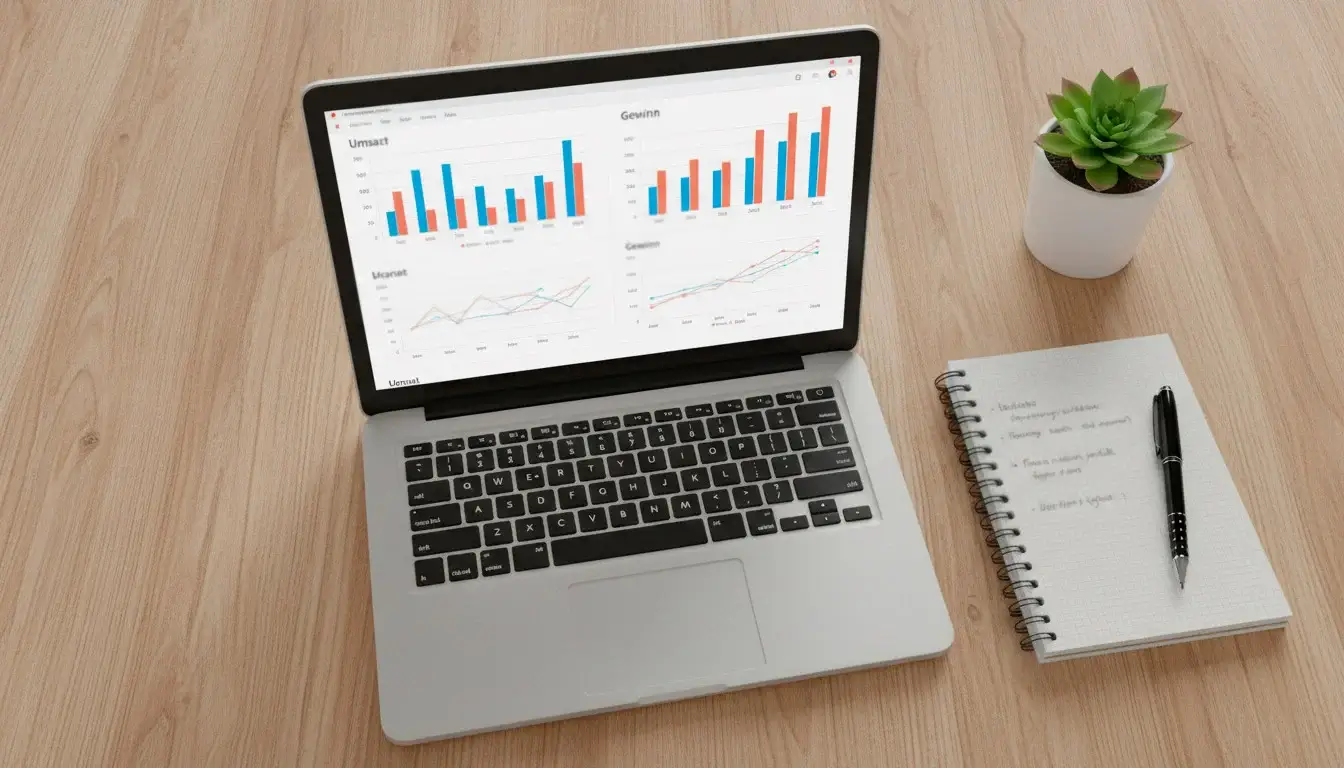 Laptop zeigt farbige Statistik-Diagramme neben einem Notizbuch auf einem Schreibtisch