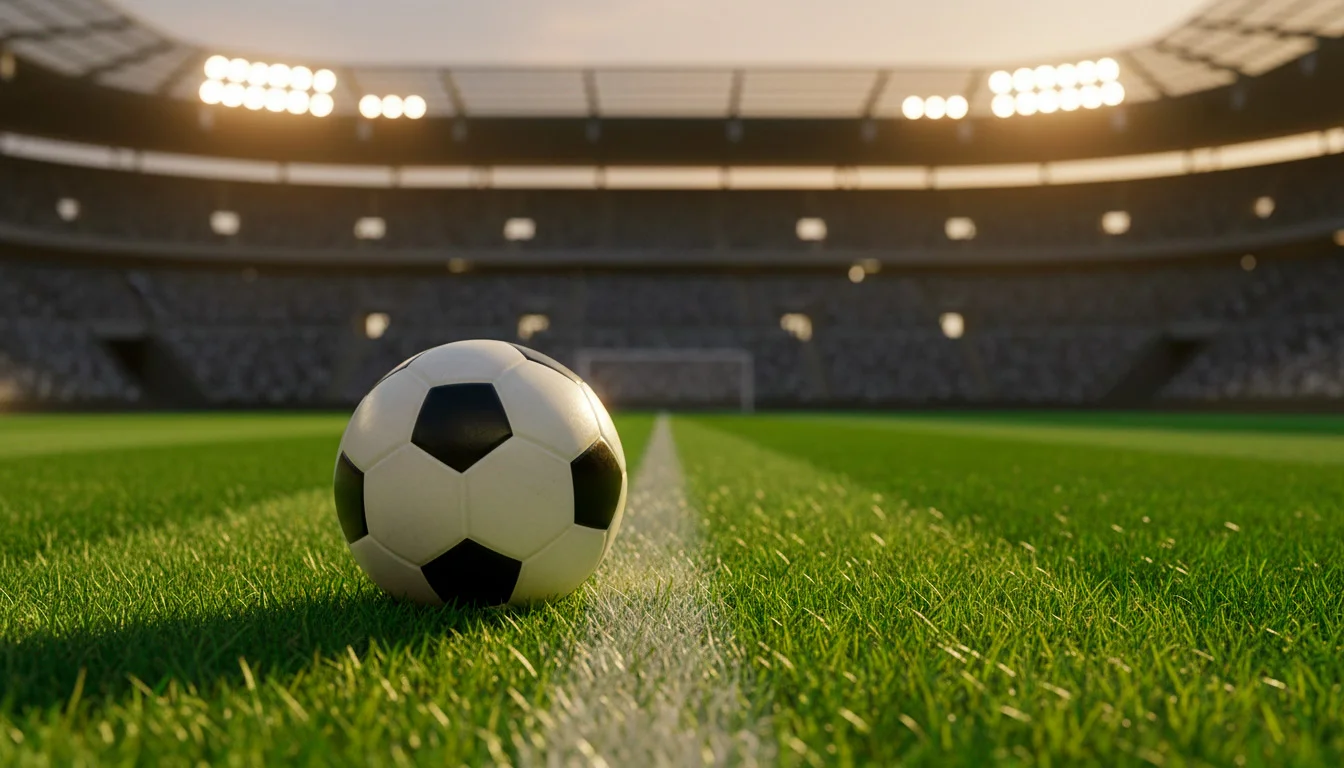 Fußball auf dem Rasen eines Stadions mit Flutlichtbeleuchtung bei Abenddämmerung
