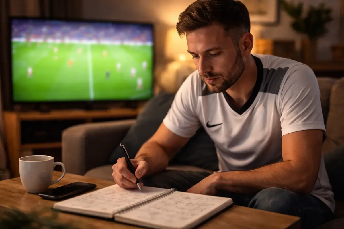 Fan analysiert Fußballspiel mit Notizblock und Stift