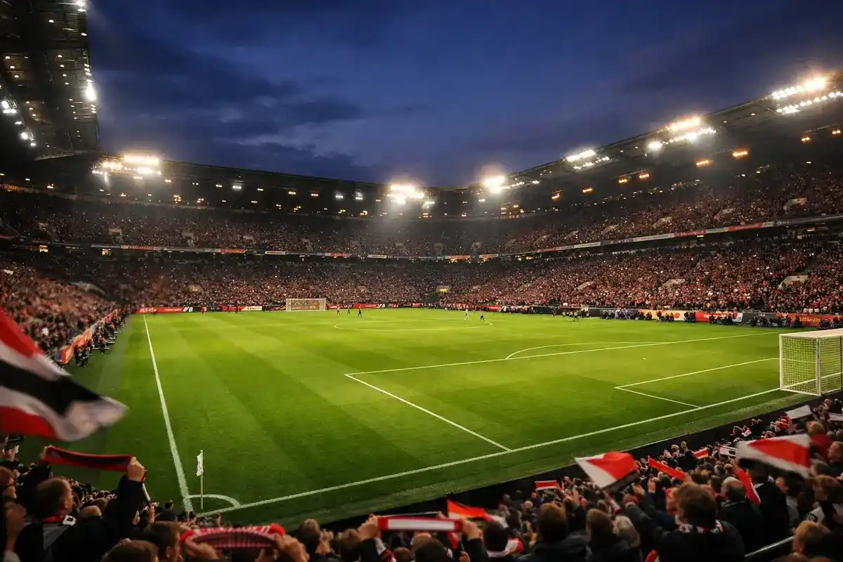 Fußballstadion mit Fans und Spielfeld bei Flutlicht