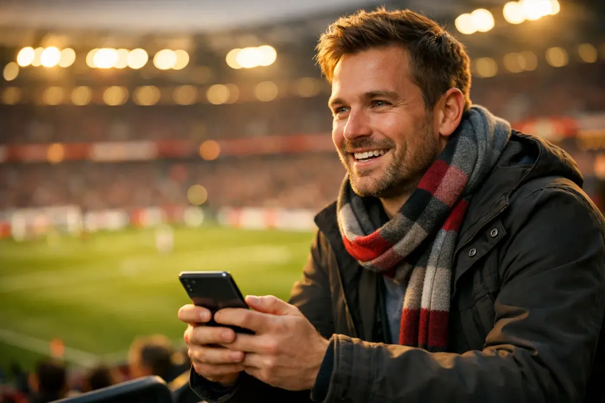 Fußballfan im Stadion mit Smartphone für Online-Wetten
