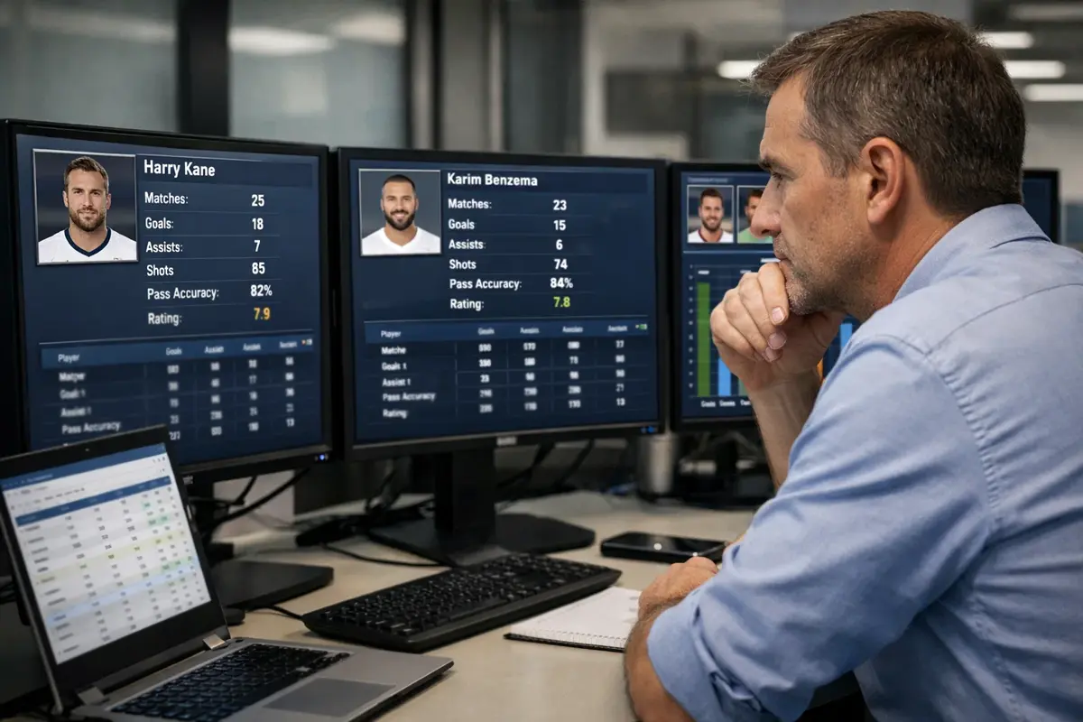 Sportanalyst studiert Spielerdaten auf mehreren Bildschirmen