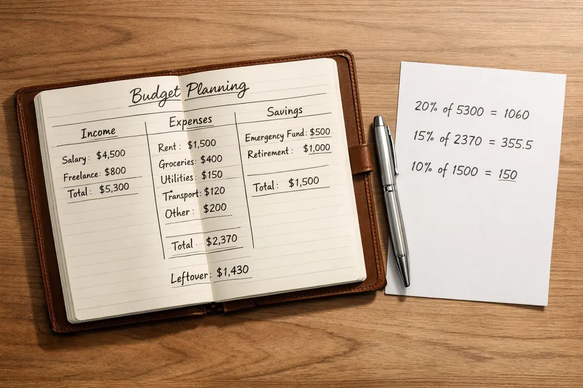 Notizbuch mit Budget-Planung und Stift auf dem Schreibtisch