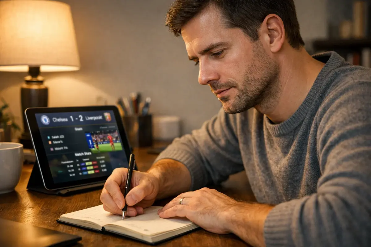 Konzentrierter Mann macht sich Notizen bei der Spielanalyse