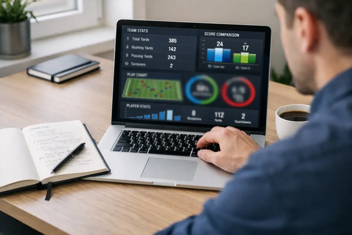 Person analysiert Fußballstatistiken am Laptop
