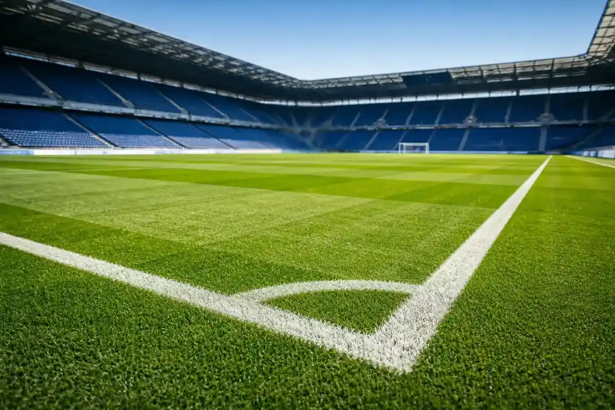 Bundesliga-Spielfeld mit gr&uuml;nem Rasen bei Tageslicht