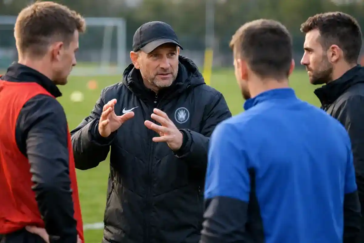 Fu&szlig;balltrainer bespricht Taktik mit Spielern an der Seitenlinie