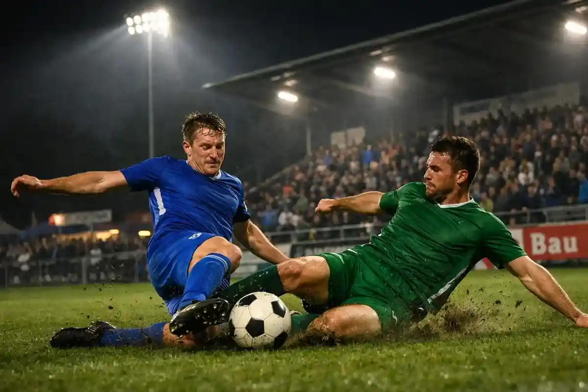 Fu&szlig;ballszene bei einem Zweitliga-Spiel unter Flutlicht