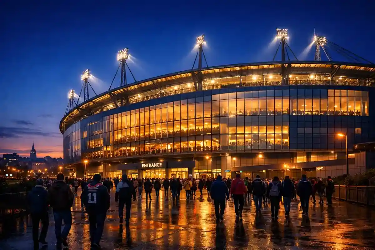 Abendlicher Blick auf ein europäisches Fußballstadion