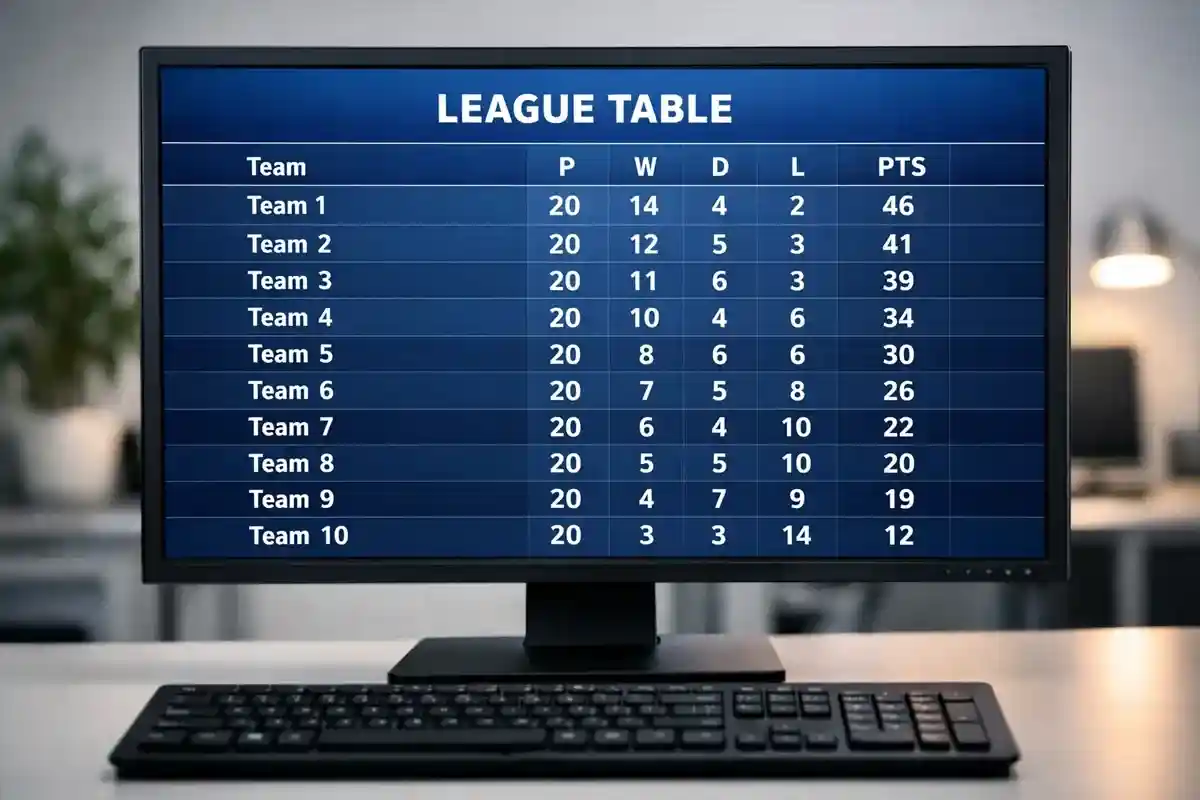 Übersicht einer Ligatabelle mit 36 Teams auf einem Bildschirm