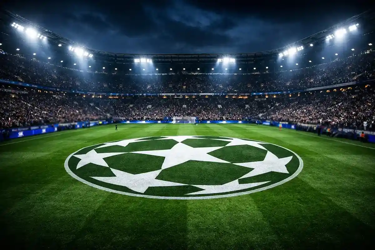 Champions League Nacht im Stadion mit Sternenlogo auf dem Rasen