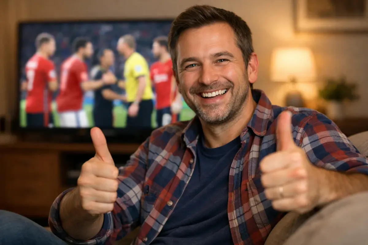 Zufriedener Fan mit Daumen hoch beim Fu&szlig;ballschauen