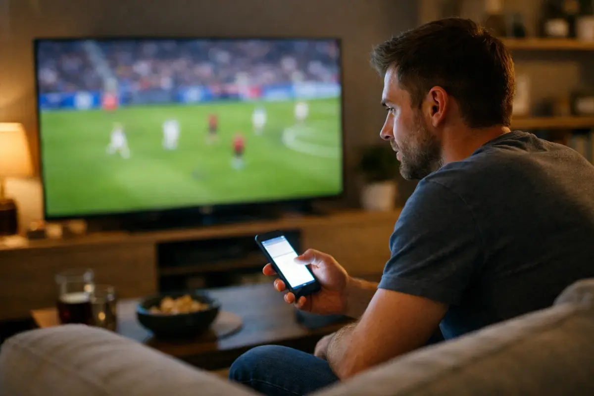 Fan schaut Fußballspiel live auf dem Fernseher mit Smartphone