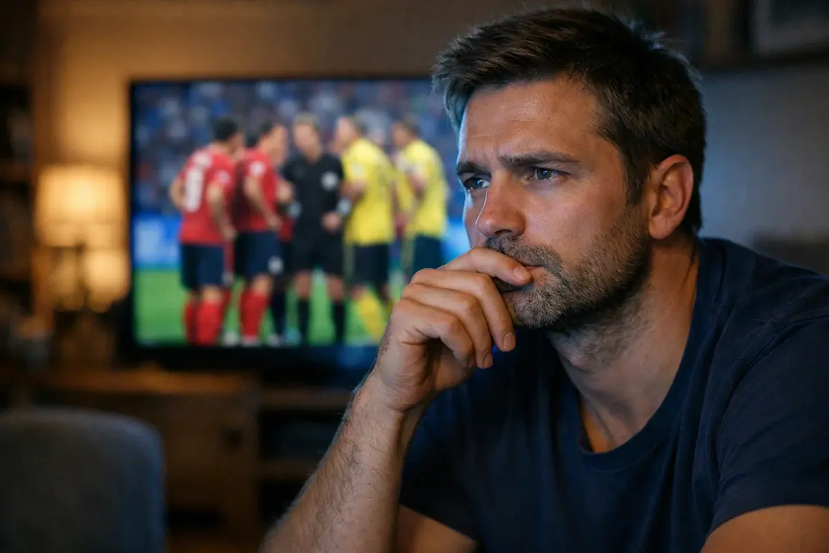 Nachdenklicher Fu&szlig;ballfan vor dem Fernseher
