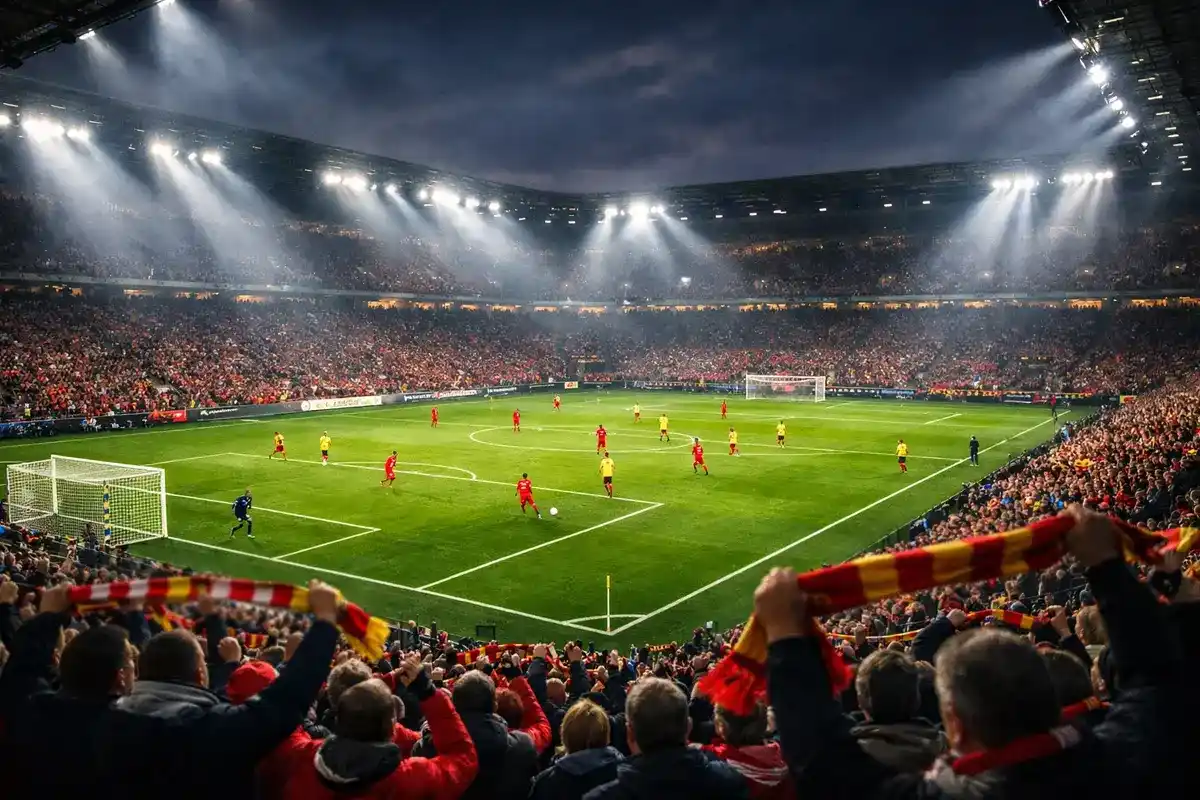 Fußballstadion bei Flutlicht während eines Bundesliga-Spiels