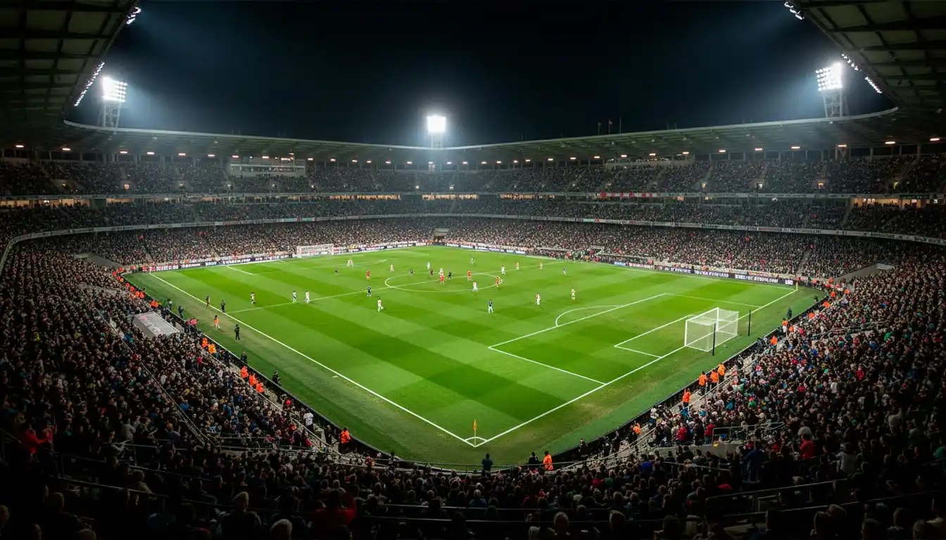 Flutlichtstadion während eines Fußballspiels bei Nacht mit leuchtenden Scheinwerfern