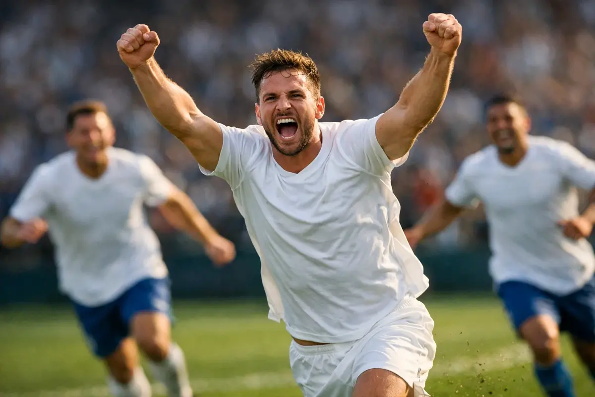 Fu&szlig;ballspieler feiert Tor w&auml;hrend laufendem Spiel