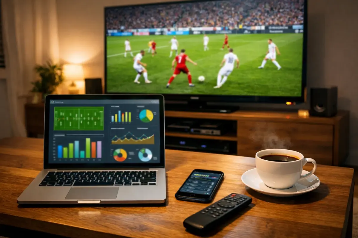 Person mit Laptop und Smartphone vor dem Fernseher mit Fu&szlig;ball