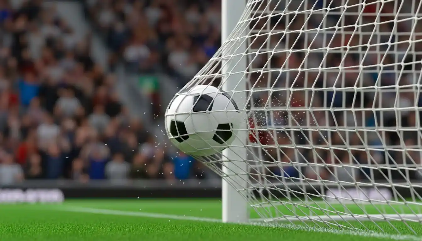Fußball fliegt ins Tornetz bei einem Torschuss im Flutlichtstadion