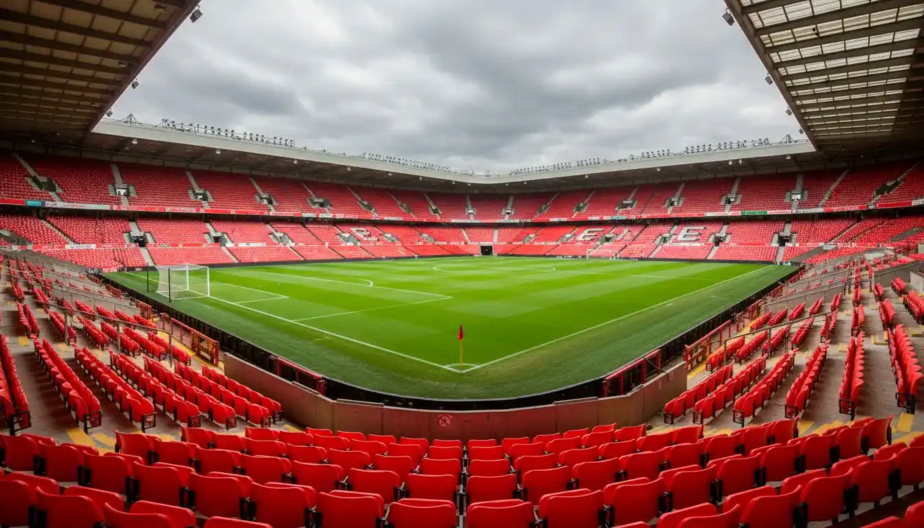 Blick auf ein englisches Fußballstadion mit saftigem Rasen und roten Sitzen bei Tageslicht