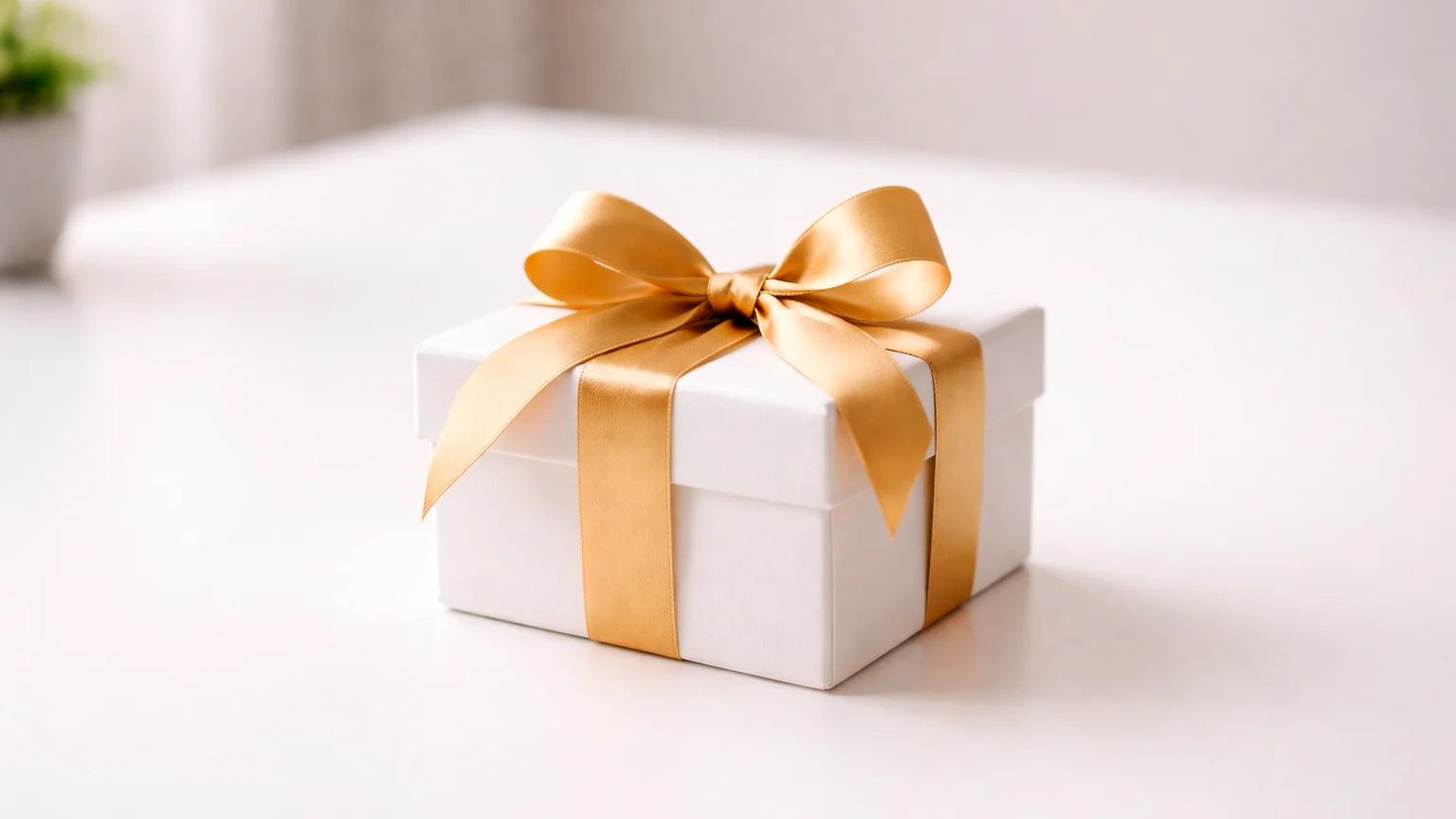 Geschenkbox mit einer leuchtenden Schleife auf einem sauberen Schreibtisch symbolisiert Bonusangebote