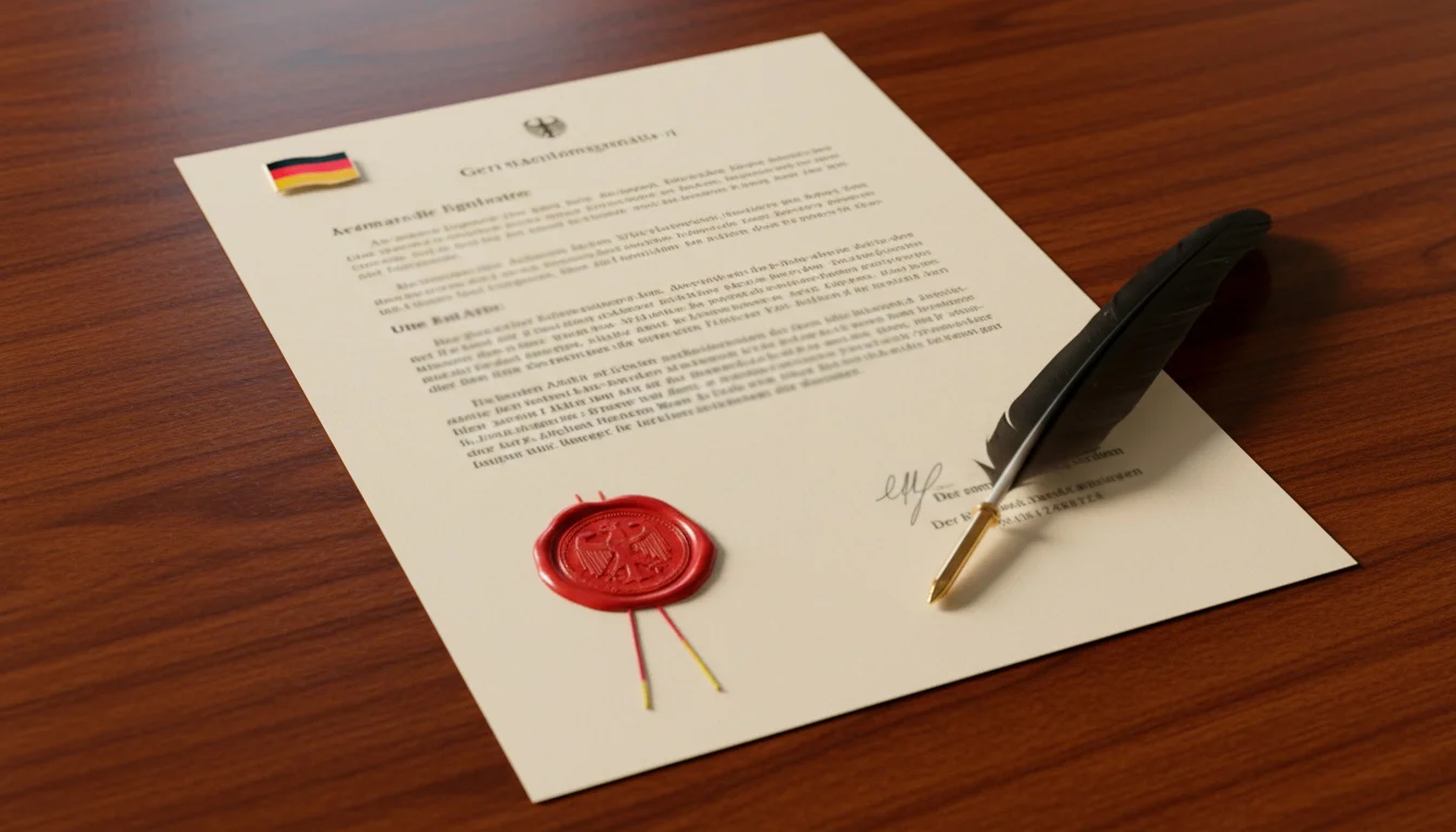 Deutsches Gesetzesdokument mit einem offiziellen Stempel auf einem Schreibtisch