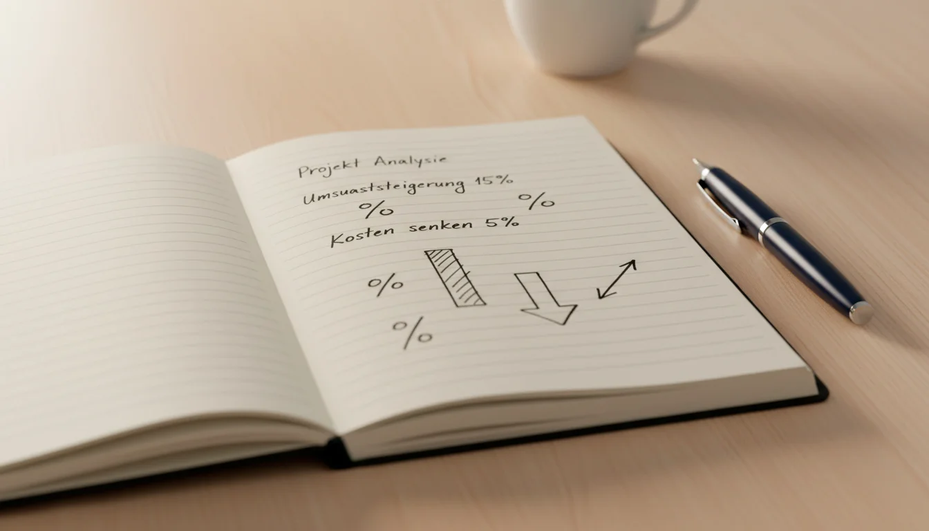 Aufgeschlagenes Notizbuch mit handschriftlichen Notizen und ein Stift auf einem Schreibtisch