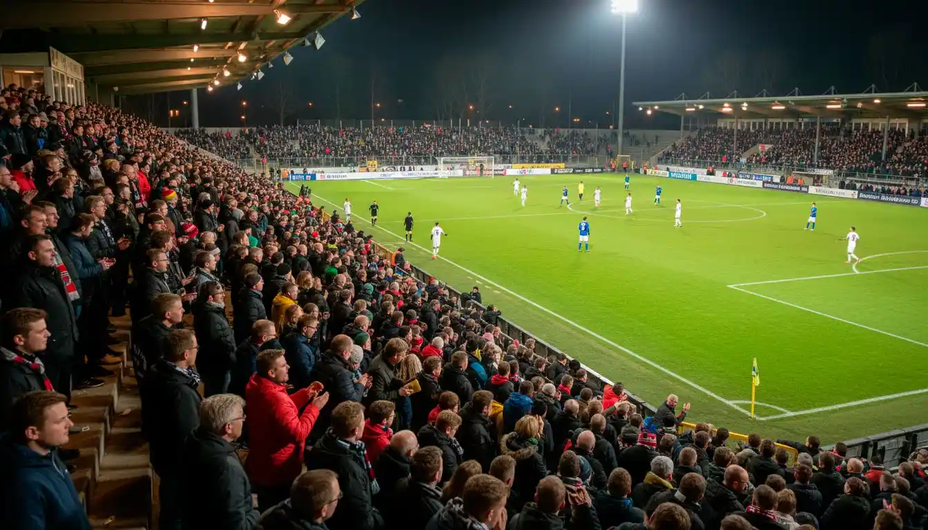 Kleines Fußballstadion mit Stehplätzen und leidenschaftlichen Fans bei einem Zweitligaspiel